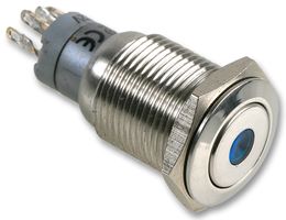 MP0045/1E1RD012 - Flush Vandal Resistant Switch, Red Illuminated LED Dot, DPDT, Latching, 12V DC, 16.2mm