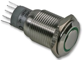 MP0045/1E2GN012 - Flush Vandal Resistant Switch, Green Illuminated LED Dot, DPDT, Latching, 12V DC, 16.2mm