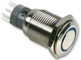 MP0045/1E2BL012 - Flush Vandal Resistant Switch, Red Illuminated LED Ring, DPDT, Latching, 12V DC, 16.2mm
