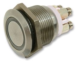 MPI002/TERM/D4 - Flush Vandal Resistant Switch, SPST-NO, Momentary, Red/Blue Ring LED, 19.2mm, 24V DC, 50mA, Screw Terminals