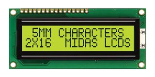 MC21605C6W-SPR-V2 - LCD Display Module, 16 x 2, Black on Yellow / Green, 5V, Parallel, English, Japanese, Reflective