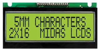 MC21605F6WE-SPTLY - Alphanumeric LCD, 16 x 2, Black on Yellow / Green, 5V, Parallel, English, Japanese, Transflective