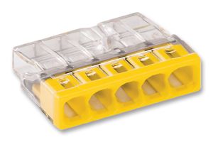 2273-205 - Compact Push Wire Connector for Junction Boxes, 5 Way, 2273 Series, Yellow