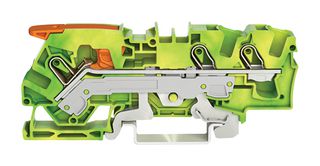 2106-1307 - 3 Conductor Ground Terminal Block Lever, Push In Cage Clamp, Open Tool Slots, 35mm DIN Rail, 20AWG to 8AWG, Green