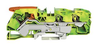 2116-1307 - 3 Conductor Ground Terminal Block, Push In Cage Clamp with Lever and Test Port, 20AWG to 6AWG, 35mm DIN Rail, Green