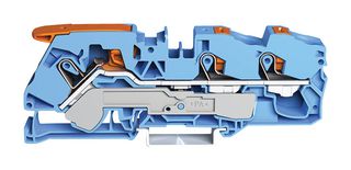 2116-5304 - 3 Conductor Through Terminal Block with Lever and Push Button Cage Clamp, 800V, 76A, 20AWG to 4AWG, 35mm DIN Rail, Blue