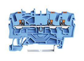 2202-1304 - 3 Conductor Through Terminal Block with Push Button and Test Port, 35mm DIN Rail, 800V, 24A, 22AWG to 12AWG,  Blue