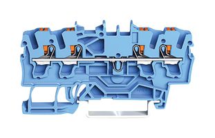 2202-1404 - 4 Conductor Through Terminal Block with Push Button and Test Port, 35mm DIN Rail, 800V, 24A, 22AWG to 12AWG,  Blue