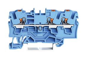 2204-1304 - 3 Conductor Through Terminal Block with Push Button Cage Clamp and Test Port, 800V, 32A, 20AWG to 10AWG, DIn Rail, Blue