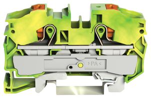 2216-1207 - 2 Conductor Ground Terminal Block with Push Button, Push In Cage Clamp and Test Port, 20AWG to 4AWG,  Green