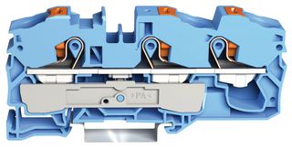 2216-1304 - 3 Conductor Through Terminal Block with Push Button, Push In Cage Clamp and Test Port, 800V, 76A, 20AWG to 4AWG,  Blue