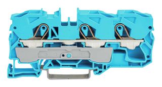 2010-1304 - 3 Conduct Through Terminal Block, Push in Cage Clamp, 35mm DIN Mount Rail, 20AWG to 6AWG, 800V, 57A, Blue
