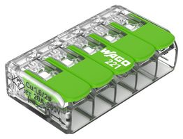 221-425 - 5 Pole Terminal Block / Splicing Connector with Lever Lock, 4mm, 450V, 32A, Green Range,  ECO Friendly