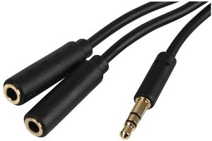 PSG3101-0.5M - Slim 3.5mm Stereo Plug to 2x 3.5mm Stereo Socket Splitter Lead, 0.5m Black