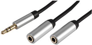 PSG3213-0.5M - Slim 3.5mm Stereo Plug to 2x 3.5mm Stereo Socket Splitter Lead with Aluminium Headshells, 0.5m Black
