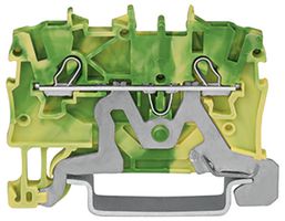 2000-1207 - 2 Conduct Ground Through Terminal Block, Push in Cage Clamp, 35mm DIN Rail Mount, 24AWG to 16AWG, Green / Yellow