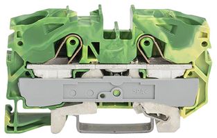 2016-1207 - 2 Conduct Ground Through Terminal Block, Push in Cage Clamp, 35mm DIN Rail Mount, 20AWG to 4AWG, 800V, 76A, Green