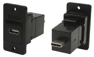 CP30611X - USB Type C Socket to USB Type C Plug Slim Feedthrough Connector, 2.5mm Plain Holes, Plastic, Black