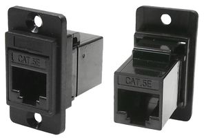 CP30720 - Dual Entry RJ45 Cat5e Socket to RJ45 Cat5e Socket Slim Feedthrough Connector, Black CSK Holes, Plastic