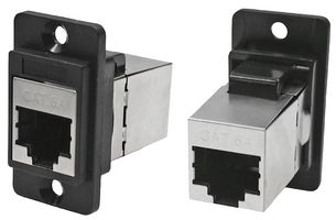 CP30725S - Dual Entry RJ45 Cat6a Shielded Socket to RJ45 Cat6a Shielded Socket Slim Feedthrough Connector, Black CSK Holes, Plastic