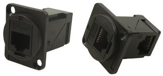 CP30251 - RJ45 Cat5e Right Angle Socket to RJ45 Cat5e Straight Socket Feedthrough Connector, Black Plastic Frame, CSK Holes