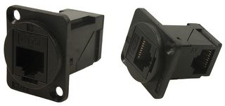 CP30252 - RJ45 Cat6 Right Angle Socket to RJ45 Cat6 Straight Socket Feedthrough Connector, Black Plastic Frame, CSK Holes