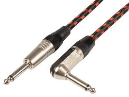 190.396UK - 6.3mm Mono Jack Plug to 6.3mm Mono Right Angle Jack Plug Braided Guitar Lead, Black / Red, 6m