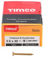 30030SOLOC - 3mm x 30mm Pozidriv Double Countersunk ZYP Solo Chipboard & Wood Screws, 200 Pack