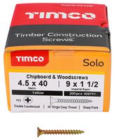 45040SOLOC - 4.5mm x 40mm Pozidriv Double Countersunk ZYP Solo Chipboard & Wood Screws, 200 Pack