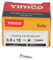 30015SOLOZ - 3mm x 15mm Pozidriv Double Countersunk ZP Solo Chipboard & Wood Screws, 200 Pack