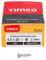 40020SOLOZ - 4mm x 20mm Pozidriv Double Countersunk ZP Solo Chipboard & Wood Screws, 200 Pack