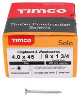 40045SOLOZ - 4mm x 45mm Pozidriv Double Countersunk ZP Solo Chipboard & Wood Screws, 200 Pack