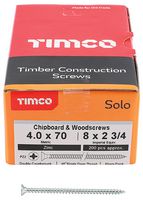 40070SOLOZ - 4mm x 70mm Pozidriv Double Countersunk ZP Solo Chipboard & Wood Screws, 200 Pack