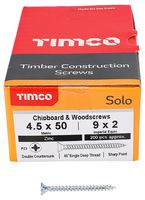 45050SOLOZ - 4.5mm x 50mm Pozidriv Double Countersunk ZP Solo Chipboard & Wood Screws, 200 Pack