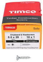50025SOLOZ - 5mm x 25mm Pozidriv Double Countersunk ZP Solo Chipboard & Wood Screws, 200 Pack