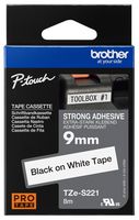 TZE-S221 - P-Touch Strong Adhesive Label Tape Black on White 3/8" / 9mm