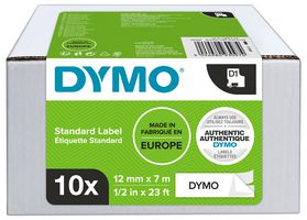 2093097 - D1 Standard Label Tape - 12mm x 7m Black on White, Pack of 10