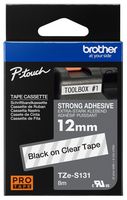 TZES131 - P-Touch Strong Adhesive Labelling Tape Cassette, Black on Clear, 12mm