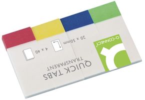 KF01225 - 50x20mm Transparent Coloured Sticky Quick Tabs - Pack of 160 (40 Per Colour)