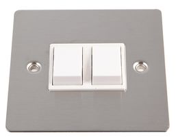 VX3040SS - Flat Plate 2 Gang 2 Way 10 AX Light Switch, Brushed Stainless Steel / White