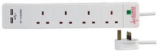 PEL00097 - 4 Gang Surge Protected Extension Lead with USB, 2m, White