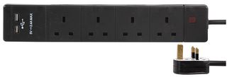PEL00110 - 4 Gang Mains Extension Lead with USB, 3m, Black