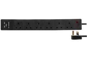 PEL00125 - 6 Gang Mains Extension Lead with USB, 2m, Black