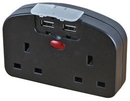 PEL00425 - Twin European Plug Adaptor with USB - Black