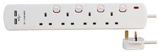 PELB1961 - 4 Gang Mains Extension Lead with USB, 2m, White