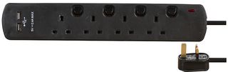 PELB1963 - 4 Gang Mains Extension Lead with USB, 2m, Black