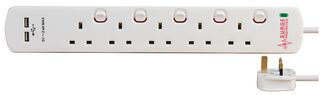 PELB1966 - 5 Gang Switched Surge Protected Extension Lead with USB, 2m, White