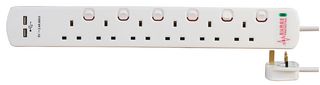PELB1967 - 6 Gang Switched Surge Protected Extension Lead with USB, 2m, White