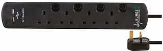 PELB1968 - 4 Gang Switched Surge Protected Extension Lead with USB, 2m, Black