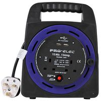PEL00805 - 2 Gang Mains Extension Cassette Reel with USB, 13A, 15m